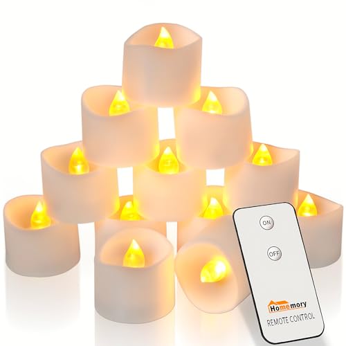 Flameless Candles With Remote, Homemory Battery Operated Candles Tea Lights, Flickering Flameless Candles Tea Lights for Room Decor Home Decor, 12 Pcs, Dia 1-2/5'', H 1-1/4'', Yellow Light, White Base