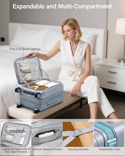 Image of Hanke 56cm Expandable Cabin Trolley Bag, 15.6 Inch Laptop Compartment, Top Opening Hard Shell Polycarbonate, 8 Durable Silent Spinner Wheels, Lightweight Carry On Suitcase for Women,Grey