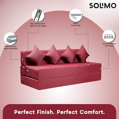 Image of Amazon Brand - Solimo 4 Seater 6 * 6 Jute Fabric Washable Cover Sofa Cum Bed with 4 Cushions 4 Seater Double Foam Fold Out Sofa Cum Bed (Finish Color - Maroon Delivery Condition - Pre-Assembled)