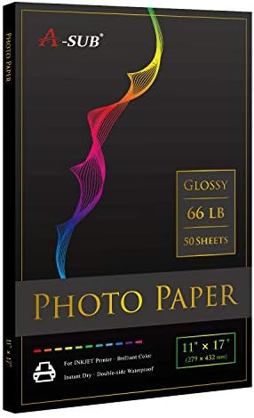 A-SUB Premium Photo Paper High Glossy 11x17 Inch 66lb for Inkjet Printers 50 Sheets