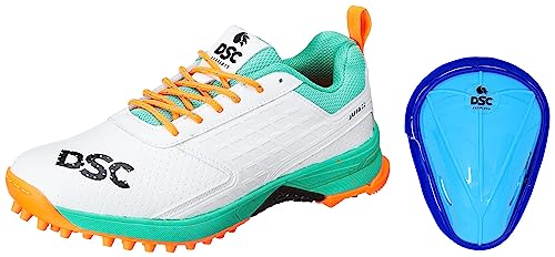 Image of DSC Jaffa 22 Cricket Shoes for Mens UK-10 Sea Green /Fluro Orange & DSC 1500428 Attitude Cricket Abdominal Guard Men, Multicolour