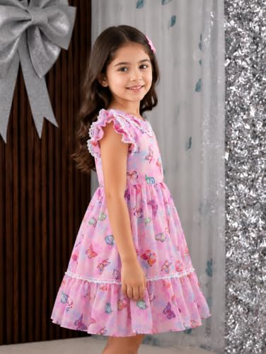 Image of TAGAS Girls Floral Dress | Lavender Flower Print Dressess for Kids | Soft Summer Frock| Casual Birthday & Occasion Wear|
