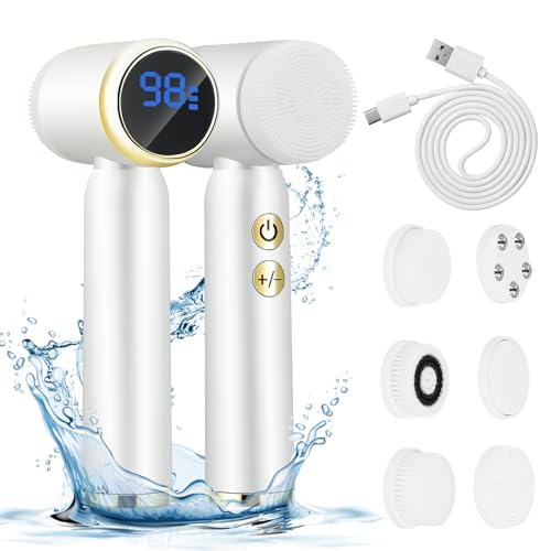 Facial Cleansing Brush,Electric Facial Cleanser with 6 Exfoliating Brush Heads,360° Rotating Face Exfoliator Cleanser with 3 Speed Levels,LCD Display,IPX6 Waterproof