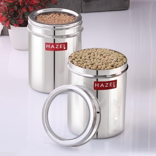 Image of HAZEL Stainless Steel Kitchen Container with Transparent Lid | Top See Through Kitchen Container Set with Matt Finish | Multipurpose Container for Kitchen Storage, 1500 ML, Set of 2