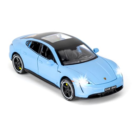 BGHSCA Porsche Taycan Modellauto im Maßstab 1:32, Spielzeugfahrzeug aus Zinklegierung mit Rückzugmechanismus, Sound und Licht, für Kinder ab 3 Jahren, Geschenk (blau)