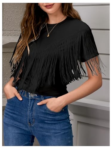 Verdusa Women's Short Sleeve Fringe Tops Tassel Trim Cowgirl Shirts Western Outfits3