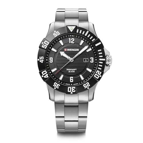 Wenger Relojes Hombre Seaforce Ø 43mm, Suizos, Cuarzo, Impermeable 200m, Acero Inoxidable Pulsera, Negro/Plata, 01.0641.131 Wenger Relojes Hombre Seaforce Ø 43mm, Suizos, Cuarzo, Impermeable 200m, Acero Inoxidable Pulsera, Negro/Plata, 01.0641.131