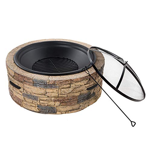 Sun Joe SJFP35-STN Cast Stone Base, Wood Burning Fire Pit W/Dome Screen & Poker