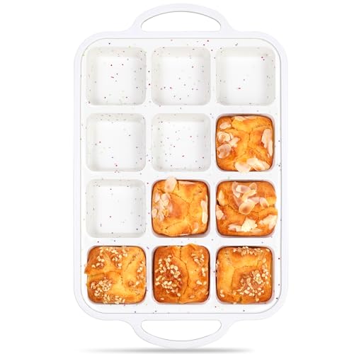 AOTASO 1 Pc Brownie Pan with Dividers Silicone Nonstick Mini Individual 12 Cup Square Muffin Cupcake Pans with Metal Frame(Cream)