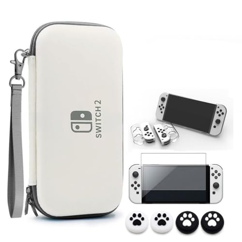 JIAYJP Nintendo Switch2 用 収納ケース、保護カバー、メッシュポケット付き、軽量で耐久性に衝撃吸収、男女兼用、4in1 Switch2 ドック 対応、カバー+スイッチ ガラスフィルム+親指キャップ、衝撃吸収防水大容量持ち運び便利(ホワ