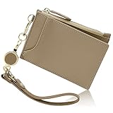 [GRAV] パスケース 定期入れ リール付き レディース かわいい カードケース 薄型 コインケース グレージュ（キーチェーン ストラップ付き）