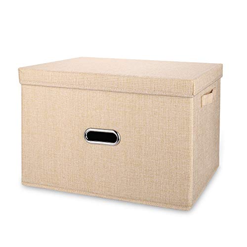 Image of Large Linen Fabric Foldable Storage Bins with Removable Lid and Handles, Washable Storage Box Organizer Containers Baskets Cube with Cover for Bedroom,Closet,Office (Khaki, Extra Large)