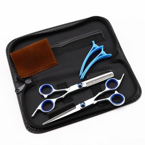 Conjunto de 5 tesouras de corte de cabelo, kit de tesouras de barbeiro profissional com tesoura de desbaste, tesoura reta, pente, clipes e estojo de armazenamento para salão de beleza uso doméstico