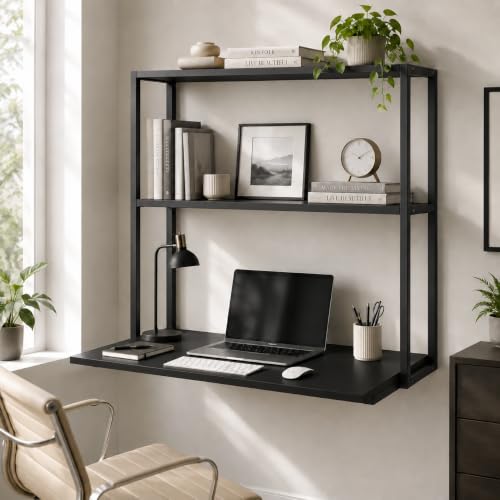 Image of Lukzer Wall Mounted Study Table with Multipurpose Storage Shelves (MMR-007 /Black & Black) Engineered Wood & Metal Frame, Space Saving Work Desk for Laptop, Bookshelf, Decor & Home Office (83x79x40 cm)