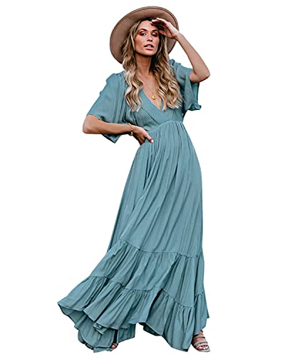 Beach Maxi Dresses for Women,Women's Summer Casual Short Sleeve V Neck High Waist Ruffle Loose Flowy High Low Swing Beach Party Long Maxi Sundress Blue XL