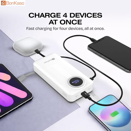 Image of BonKaso 20000mAh Power Bank 22.5W PD Fast Charging with Built-in Type-C Cable, USB-A & Type-C Output, Digital LED Display, Slim Portable Charger for iPhone, Android, Tablets - White