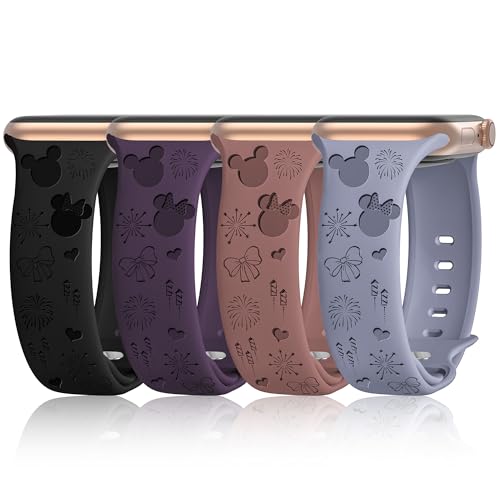 4 PACK Engraved Silicone Bands Compatible with Apple Watch Band 40mm 38mm 41mm 42mm 44mm 45mm 46mm 49mm Women Breathable Soft Cute Sport Replacement Strap for iWatch SE Series 11 10 9 8 7 6 5 4 3 2 1