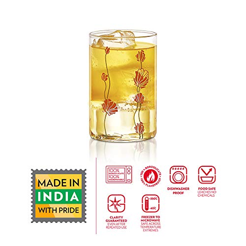 Image of Borosil Vision 6pc Transparent Drinking Glass | Borosilicate Glass Tumblers for Water, Cold Drinks, Juice | Flame Proof, Microwave & Dishwasher Safe | for Daily use & Gifting (Red Bud, 295 ml)