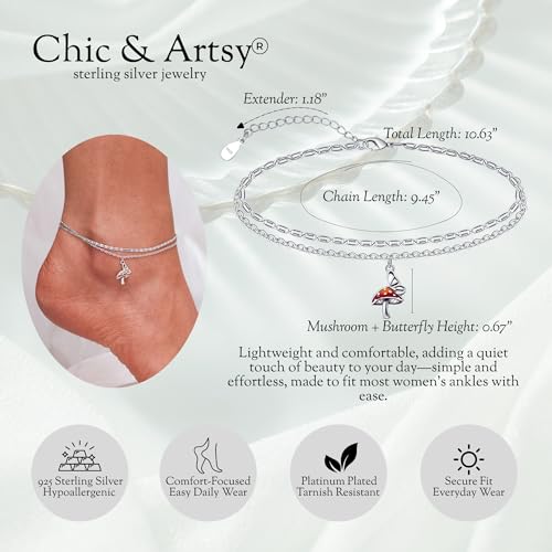 Image of CHIC & ARTSY 925 Sterling Silver Ankle Bracelets for Women, Adjustable Layered Foot Chains with Nature & Symbol Charms, Lightweight Comfort Fit Boho Beach Everyday Jewelry
