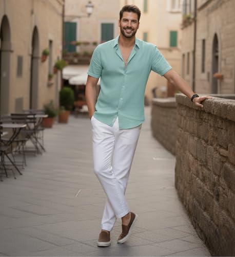 Image of Glowic Men Linen Shirt Casual Regular Fit Solid Stylish Summer Wear Shirt for Office Party Beach Holiday Lightweight Breathable Fashion Shirt