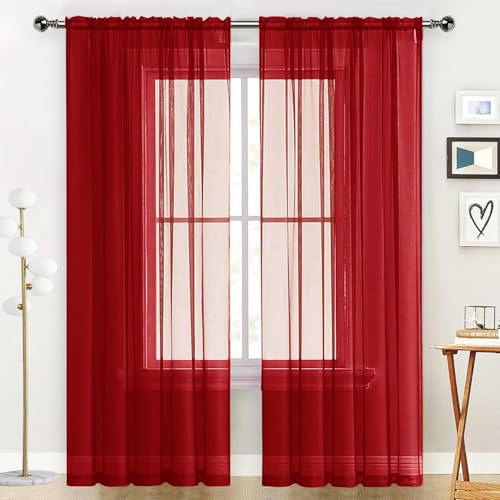 SpaceDresser Sheer Voile Window Treatment Rod Pocket Curtain Panels for Kitchen Bedroom Living Room Drapes Sunlight Filtering Privacy Semi Home Decor Assorted Colors Sizes (Christmas Red, 52 W x 84 L)