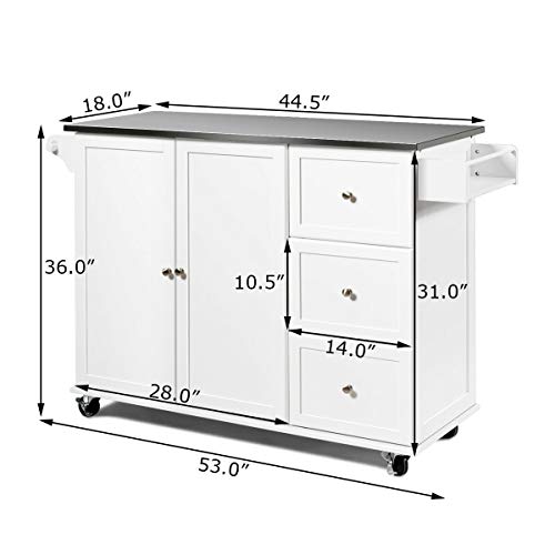 Giantex Kitchen Island With Stainless Steel Countertop, Kitchen Cart Rolling Trolley With Towel Holder And Spice Rack, 3 Drawers, Adjustable Shelves, 2-Door Cabinet, Ample Storage Table (White) #TOP7