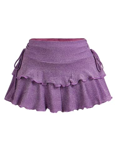 SOLY HUX Womens Glitter Ruffle Mini Skirt Y2k Drawstring Layered A Line Flowy Skirts with Shorts Underneath Pure Purple Small