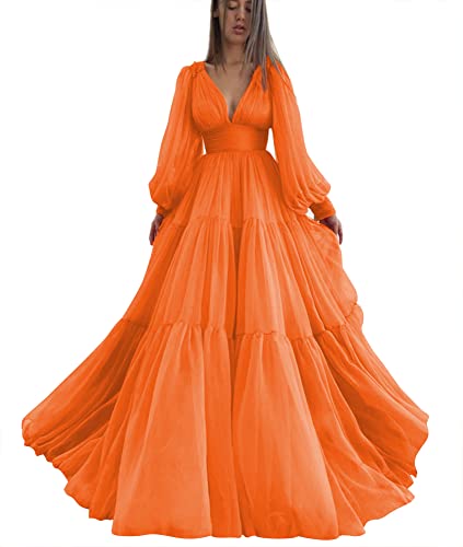 Long Puffy Sleeve Prom Dress V Neck Empire Waist Ball Gown Tulle Formal Evening Gowns for Women Formal