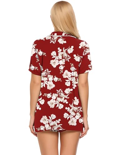 Image of Ekouaer Pajamas Set for Women Short Sleeve Sleepwear Button Down Pjs Soft 2 Piece Lounge Sets Red Floral XX-Large