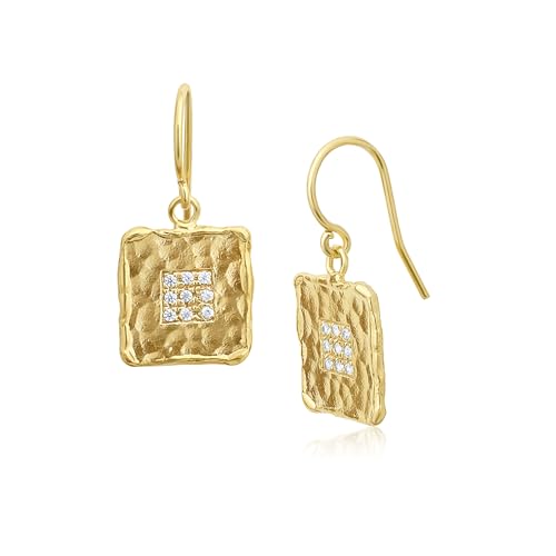 JEAN RACHEL JEWELRY 14K Gold Plated Sterling Silver Earrings for Women - Square with Cubic Zirconia Vintage Design - Hypoallergenic, Lead & Nickel Free - Artisan Handcrafted Statement Earrings