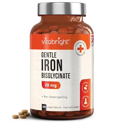 Iron Supplements for Women & Men | 28mg | 180 Gentle Iron Tablets | High Strength Ferrous Bisglycinate | Non Constipating | Supplements for Tiredness and Fatigue | VitaBright