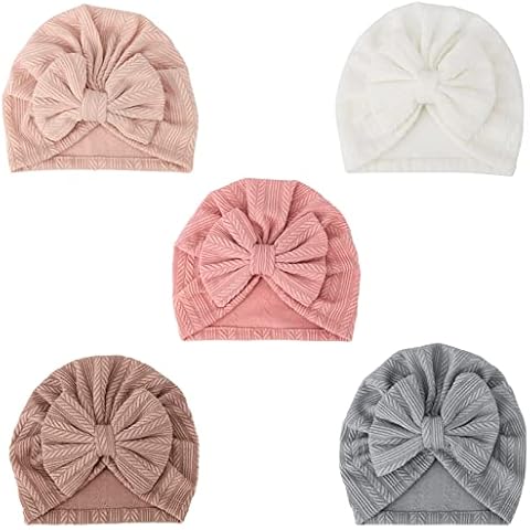 DRESHOW BQUBO 5 Pieces Newborn Baby Turban Hats Bow Baby Infant Beanie Breathable Toddler Cap for Baby Girls 3-12 Months Cover