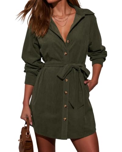 R.Vivimos Herbst Winter Damen Langarm Cordkleid V-Ausschnitt Knopf Hemd Minikleid Kleid mit Taschen(L,ArmeeGrün)