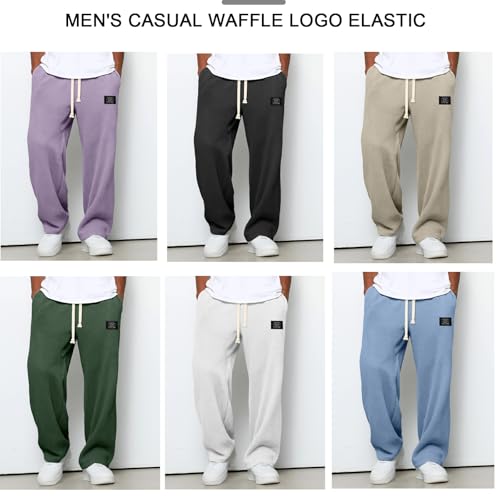 Mens Waffle Pants, Men's Casual Waffle Logo Embroidered Elastic Waist Drawstring Loose and Comfortable Trousers (Navy Blue,X-Large)2
