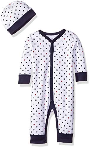 Moon and Back Baby Organic Snap-Front One-Piece Coverall with Cap Set, navy red star, Newborn