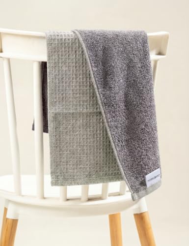 Image of DAMENSCH Unisex Premium Bamboo Blend, Ultra-Soft, Absorbent, Dual Waffle and Terry Texture Waffle Hand Towel - Forest Green, Ocean Blue, Reed Beige - Pack of 3