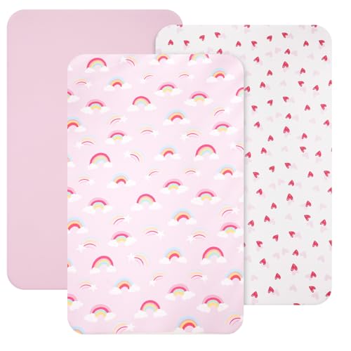 Image of david's kids 3 Pack Mini Crib Sheets, Soft Breathable Premium Pack N Play Sheets for Baby Girls Neutral, Playard and Mini Crib Mattresses, Rainbow