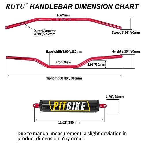 Image of Motorcycle Handlebars 7 /8 Inch,RUTU Universal Dirt Bike Handle Bar with Crossbar Pad Low-Rise Drag Bar for Motocross ATV Quad-Red