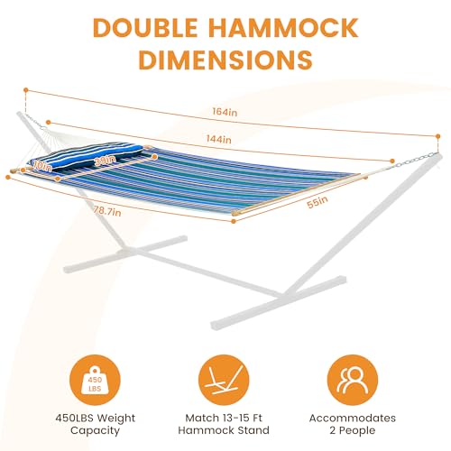 Image of Lazy Daze Hammocks 12 FT Quilted Fabric Double Hammock with Spreader Bars, Detachable Pillow and Carabiners, 450lbs Weight Capacity, Peacock Green Stripes