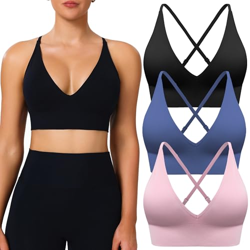 Image of BLUELILY Adjustable Deep V Neck Bras 3 /5 Pack Sports Bras for Women Padded Seamless Spaghetti Strap Criss Cross Yoga Bras