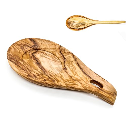 Repose Cuillère en Noyer, Cuillère Repose en Bois Naturel, Repose-Ustensiles de Cuisine en Bois, Repose-Cuillère Résistant à la Chaleur, Porte-cuillère Pour Cuisinière (or-1Pcs, bois d'olivier-1Pcs)