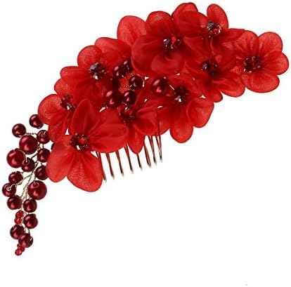 Frcolor Handmade Bridal Hair Flower Side Comb Bridal Flower Headpiece Wedding Accessories Red