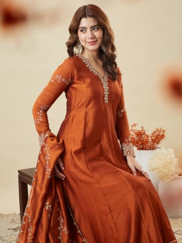 Image of MOKOSH Women's Silk Embroidery Anarkali Kurta Pant with Dupatta | Anarkali Kurta Set |Ethnic Kurta Set for Women |Floral Kurta 7 Colour Options Available |3 Piece Outfit