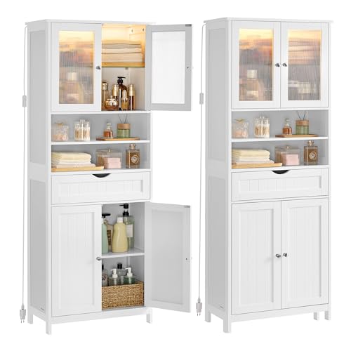 VASAGLE Badezimmerschrank mit LED-Beleuchtung, Badschrank, Aufbewahrungsschrank mit verstellbaren Ablagen, Schublade, offenen Fächern, für Badezimmer, Wohnzimmer, Esszimmer, wolkenweiß BBC767W03