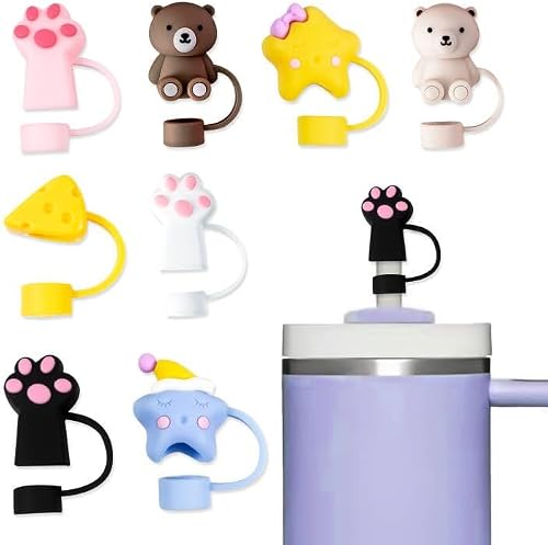 8Pcs Straw Cover for Stanley Cup&Simple Modern 40 oz Trek Tumbler,10mm Silicone Straw Covers Cap,Cartoon Dust-Proof Reusable Drinking Straw Tips Protector Plug Decoration (Mixed Style)