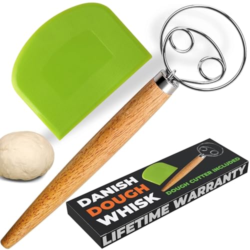 Juego de batidor de masa danés y cortador de masa, batidor de pan de 13 pulgadas con diseño de doble ojo de acero inoxidable, herramienta mezcladora de masa madre para hornear, pizza, pastelería, masa