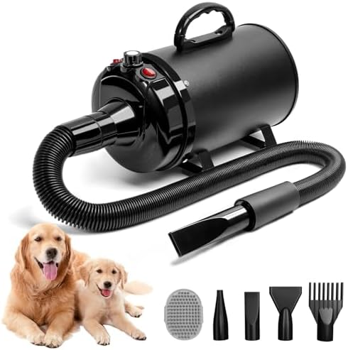 Blanlody Hundefön Blower Sehr Leise 5.2 PS / 3800W | Motor mit einstellbarer Geschwindigkeit, Hundepflege-Trockner-Gebläse mit 4 Düsen, elastischem Schlauch und Pflegebürste