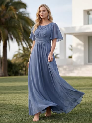 Image of Ever-Pretty Women's Spring Elegant Round Neck Short Sleeve Chiffon Empire Waist Floor Length Formal Dresses Bridesmaid Dress