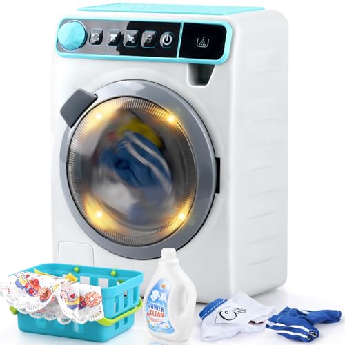 PLAY Waschmaschine Spielzeug Set für Kinder, Elektronische Kleine Waschmaschine mit Originalgeräusche, Kleidung, Wäschekorb und Reinigungszubehör, Lebensechte Rollenspielgeräte für Mädchen ab 3 Jahren