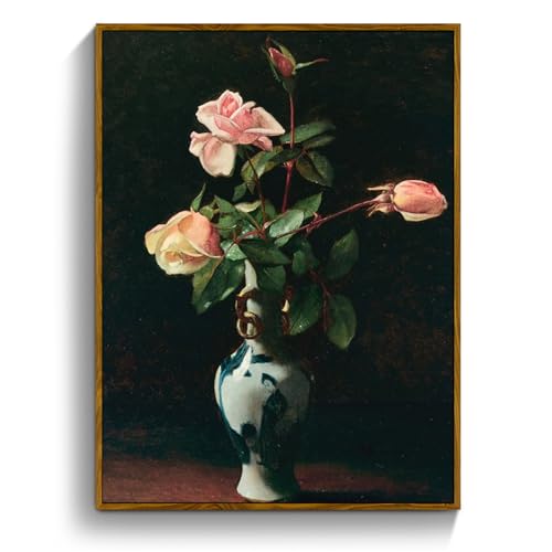 crmotu Vintage Framed Wall Art, Classical Vase Roses Canvas Painting, Still Life Floral Botanical Prints, Flower Dark Academia Pictures Wall Decor Living Room Bedroom Desktop Kitchen Artwork 12x16in